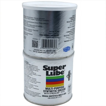 Super Lube 41160 multi-purpose synthetic grease with Syncolon, showing white grease in a 400g container, for heavy-duty lubrication.