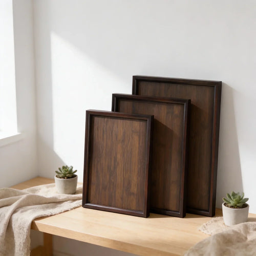Rectangular wooden serving tray with dust-resistant surface, portable design, ideal for kitchen, dining, tea, and bar use.