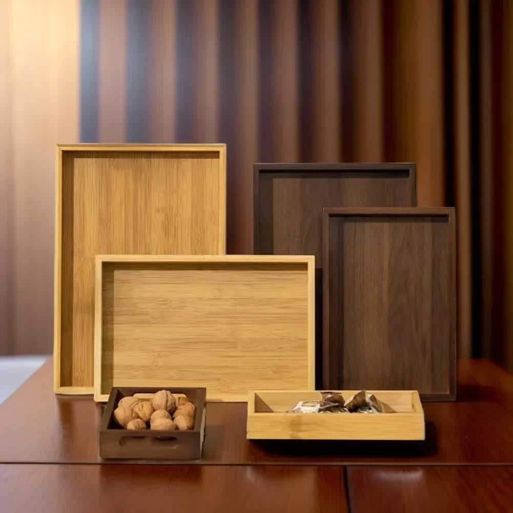 Rectangular wooden serving tray with dust-resistant surface, portable design, ideal for kitchen, dining, tea, and party use.