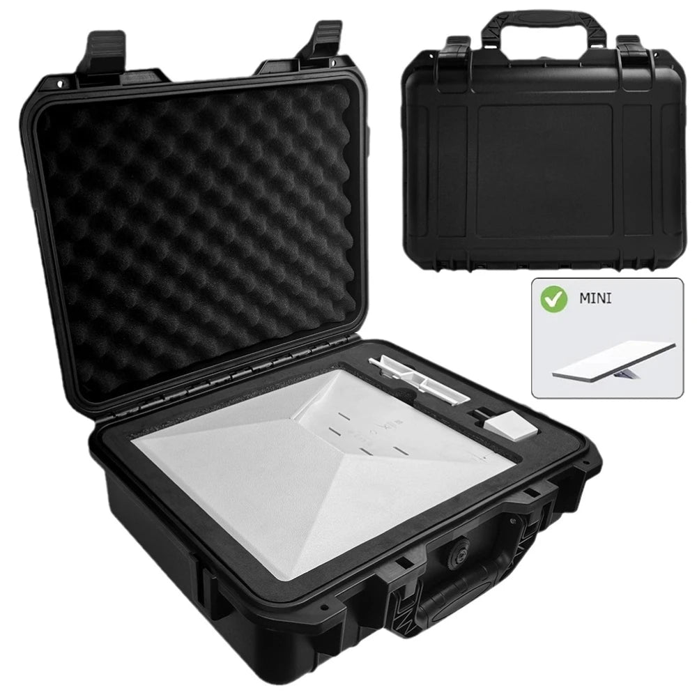 Black Starlink Mini Case by BACKUPMYFILESNOW.COM® with IP67 waterproof hard shell, interior foam, lockable storage for accessories.