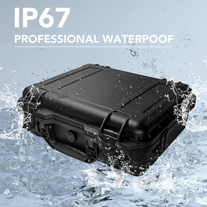 Black Starlink Mini waterproof hard travel case with interior foam, lockable storage, designed for accessories, IP67 rated.