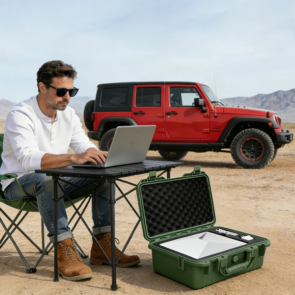 Black Starlink Mini waterproof travel case with interior foam, lockable storage for accessories, IP67 rated, compact hard-shell design.