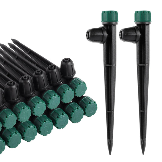 Green 8-hole pointed irrigation dripper with 360-degree spray for garden and greenhouse automatic watering system.