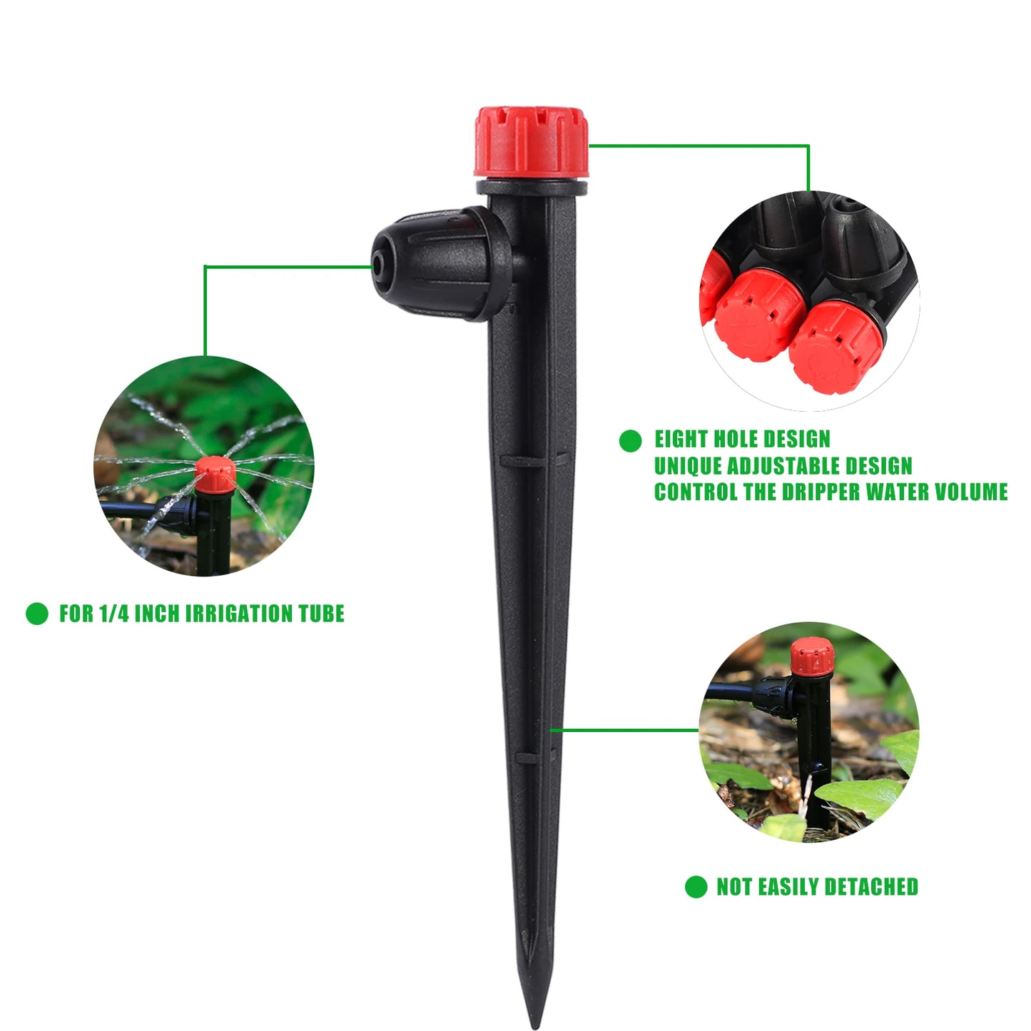 Green 8-hole pointed dripper for 360-degree garden irrigation, ideal for greenhouse automatic watering systems.