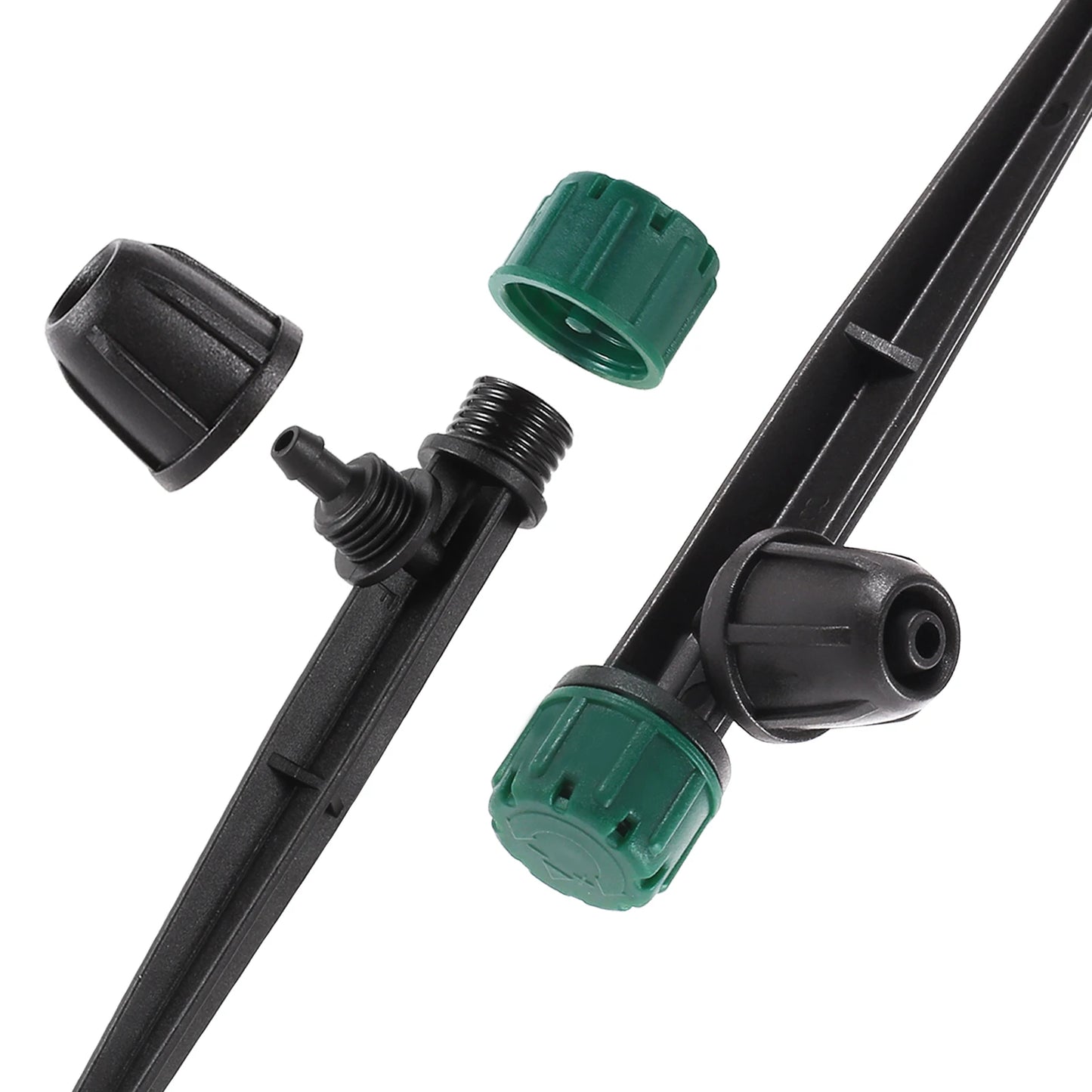 Green 8-hole pointed drip emitter for 360-degree garden irrigation, ideal for greenhouse automatic watering systems.