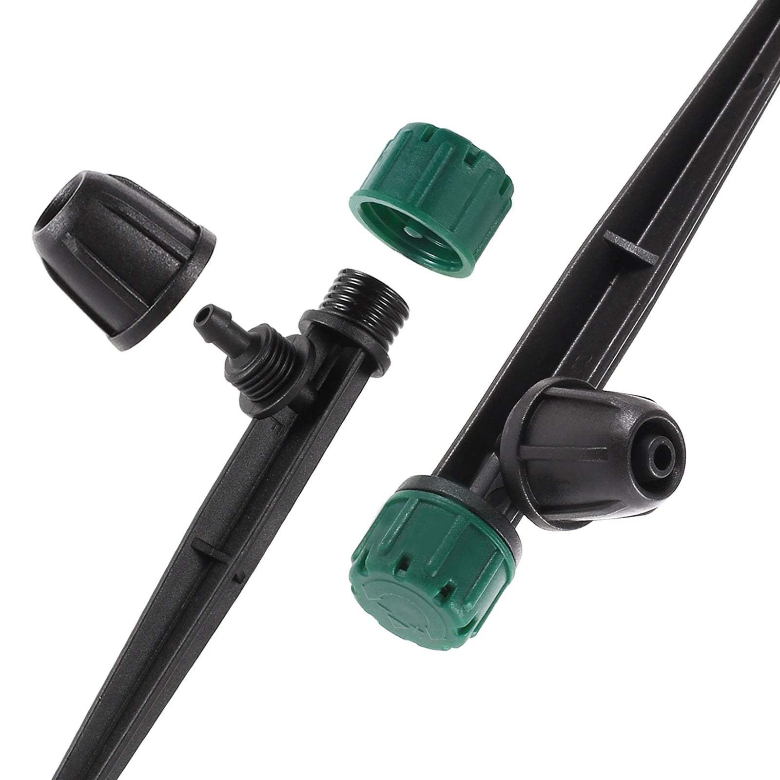 Green 8-hole pointed drip emitter for 360-degree garden irrigation, ideal for greenhouse automatic watering systems.