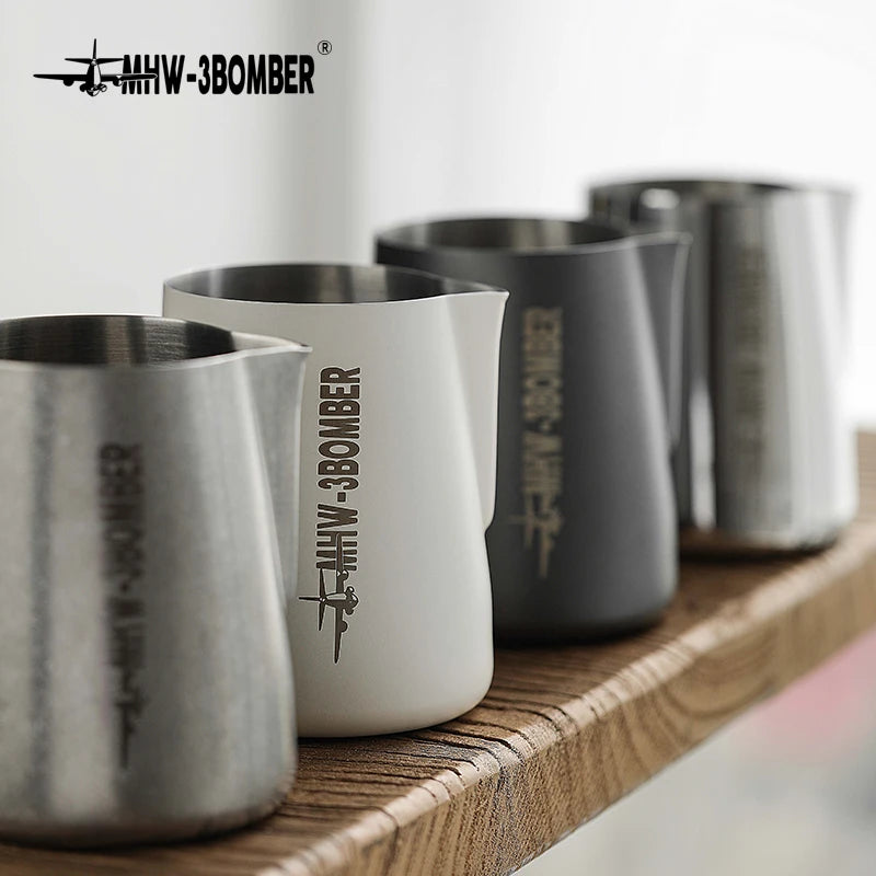 Stainless steel MHW-3BOMBER 3.0 milk frothing pitcher for espresso and latte art, 450ml capacity, ideal for coffee brewing.