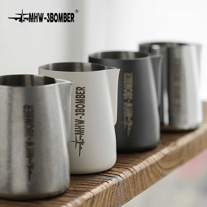 Stainless steel MHW-3BOMBER 3.0 milk frothing pitcher for espresso and latte art, 450ml capacity, ideal for coffee brewing.