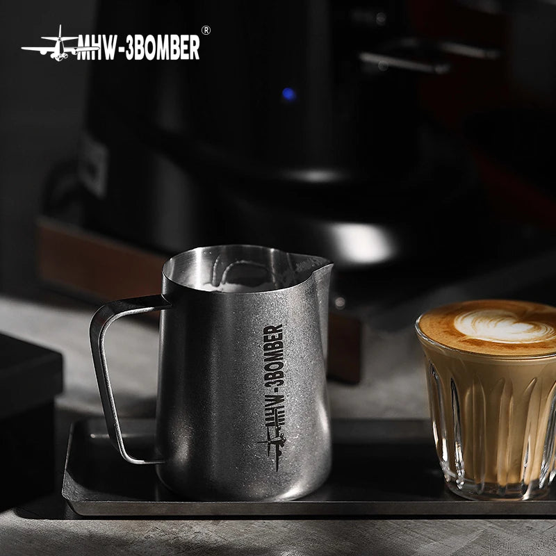 Stainless steel MHW-3BOMBER 3.0 milk frothing pitcher, 450ml, for espresso and latte art, designed for coffee barista use.