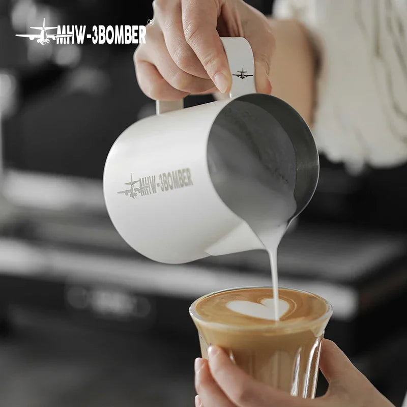 Stainless steel BackupMyFilesNow.com MHW-3BOMBER 3.0 milk frothing pitcher, 450ml/600ml capacity, ideal for espresso and latte art.