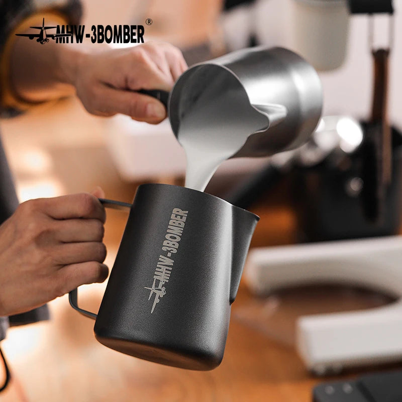 Stainless steel BackupMyFilesNow.com MHW-3BOMBER 3.0 milk frothing pitcher, 450ml, for espresso and latte art coffee brewing.