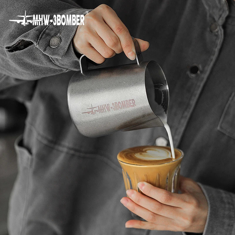 Stainless steel MHW-3BOMBER 3.0 milk frothing pitcher, 450ml for espresso and latte art, ideal for coffee steaming and pouring.