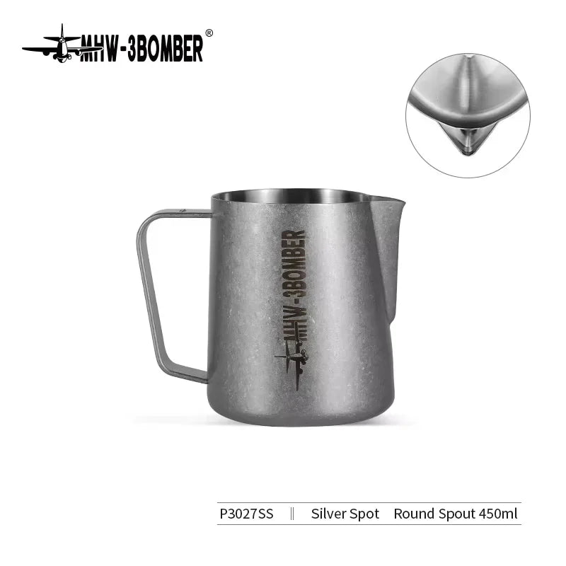 Stainless steel MHW-3BOMBER 3.0 milk frothing pitcher for espresso, latte art, with 450ml capacity, ideal for coffee brewing.
