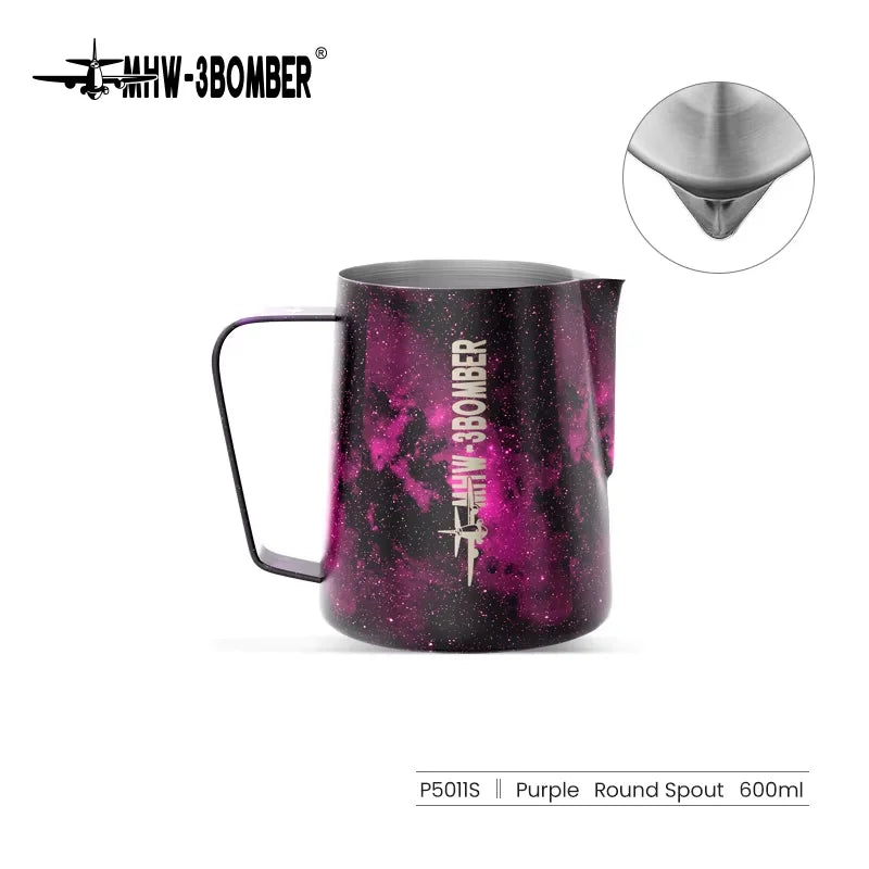 Stainless steel MHW-3BOMBER 3.0 milk frothing pitcher in 450ml and 600ml sizes for espresso and latte art.