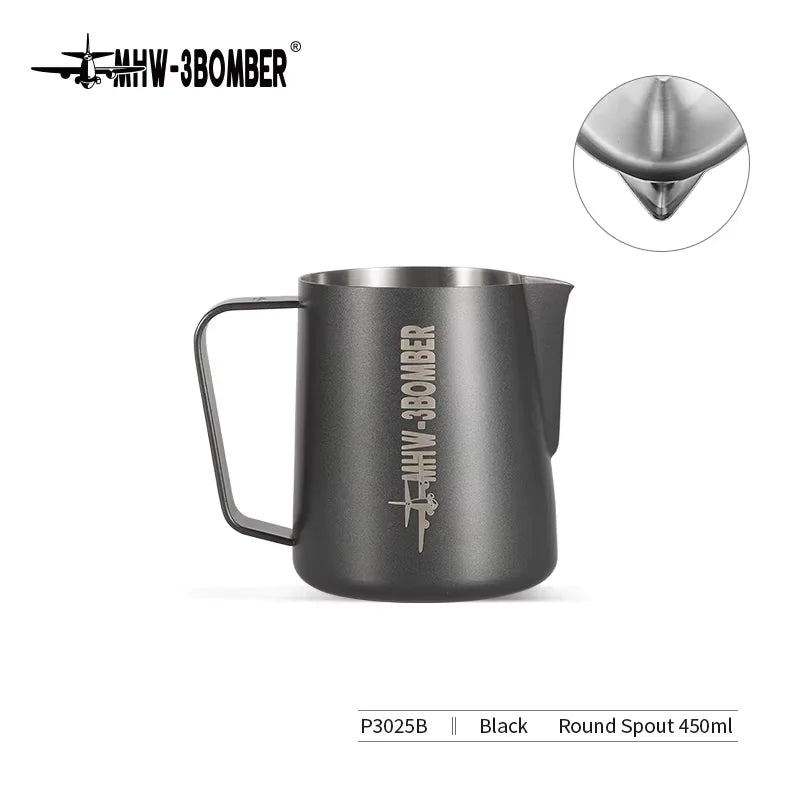 Stainless steel milk frothing pitcher with 450ml and 600ml capacity, ideal for espresso and latte art coffee steaming.
