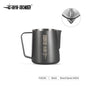Stainless steel milk frothing pitcher with 450ml and 600ml capacity, ideal for espresso and latte art coffee steaming.