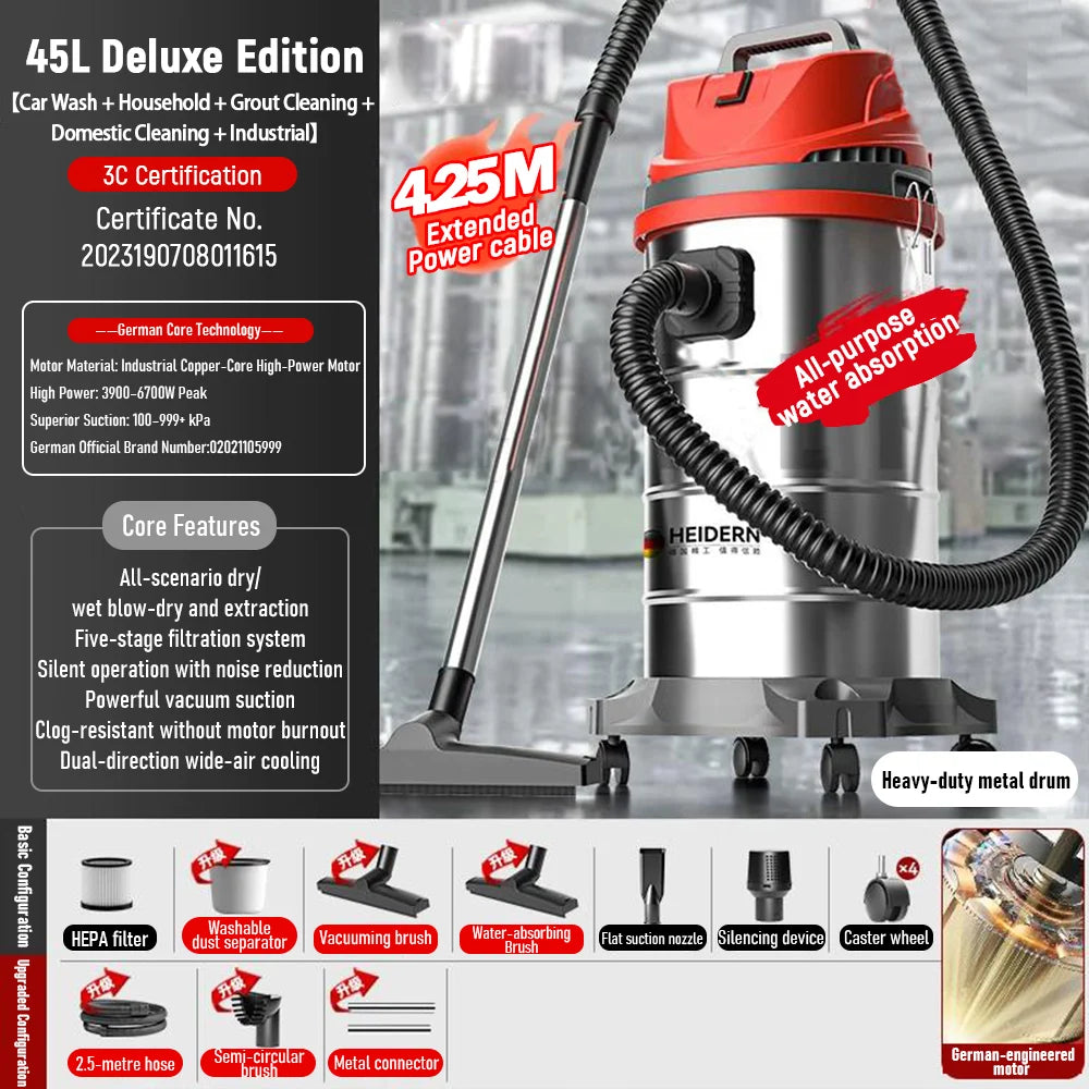 High-power 45L industrial wet dry vacuum cleaner by BACKUPMYFILESNOW.COM® for car wash, home, grout, and commercial cleaning.