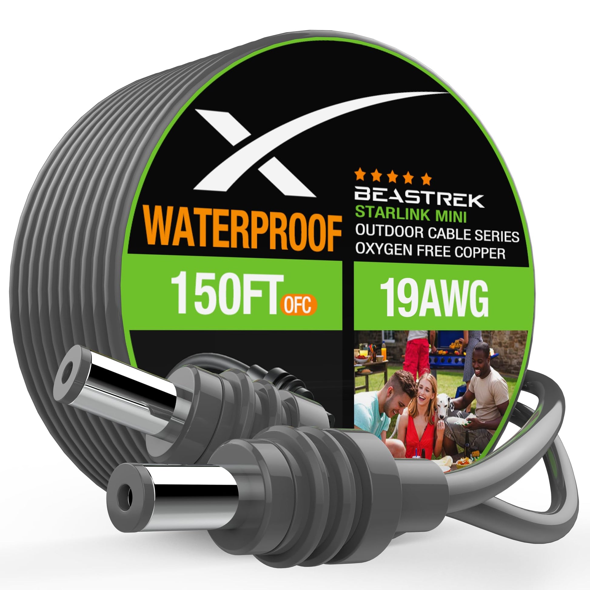 Starlink Mini DC power cable 46m/150ft, waterproof and durable, used as a replacement DC to DC cord for outdoor Starlink Mini setups.