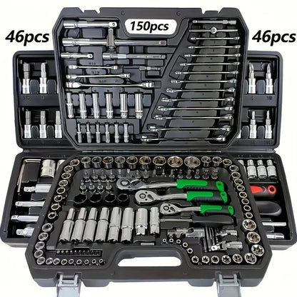 Auto mechanical repair tool set with sockets, wrenches, and ratchets, featuring 150/46 pcs for auto repair and mechanical tasks.