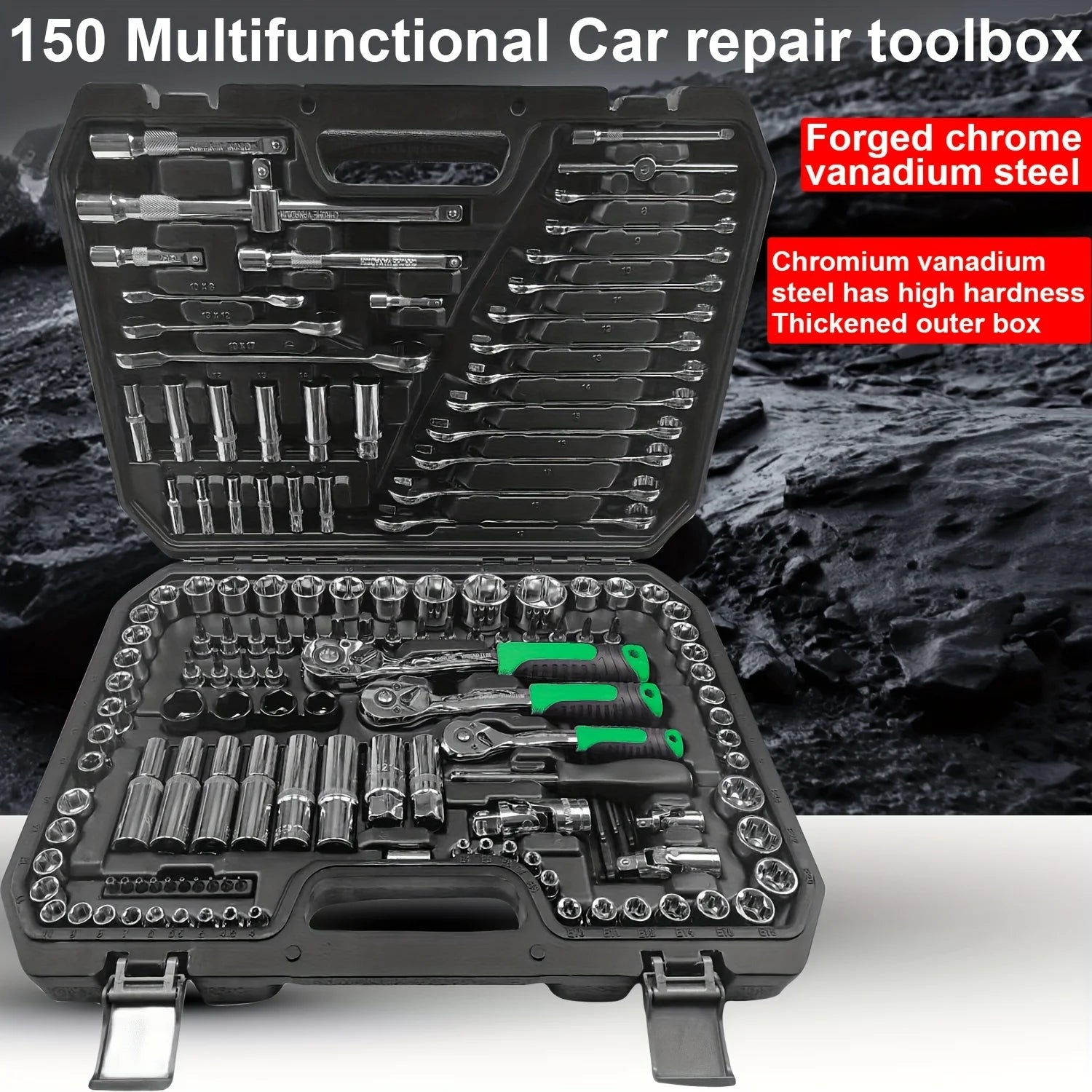 150/46pcs auto mechanical repair tool set with sockets, wrenches, and ratchets for auto repair and mechanical work.
