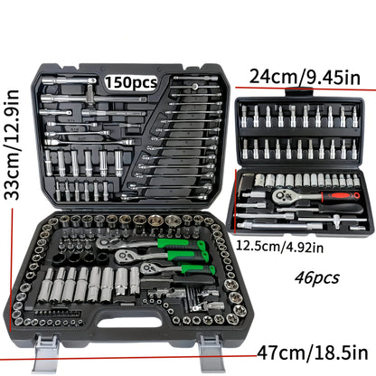 150/46pcs auto mechanical repair tool set with socket, wrench, and ratchet for auto repair and mechanical tasks.