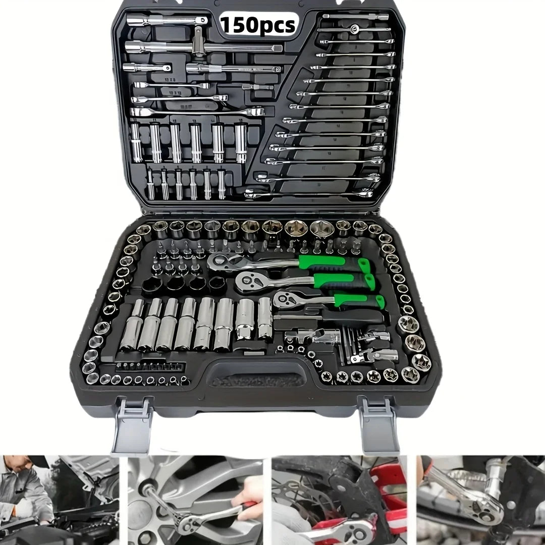 150/46-piece auto mechanical repair tool set with sockets, wrenches, and ratchets for DIY car repair and mechanical work