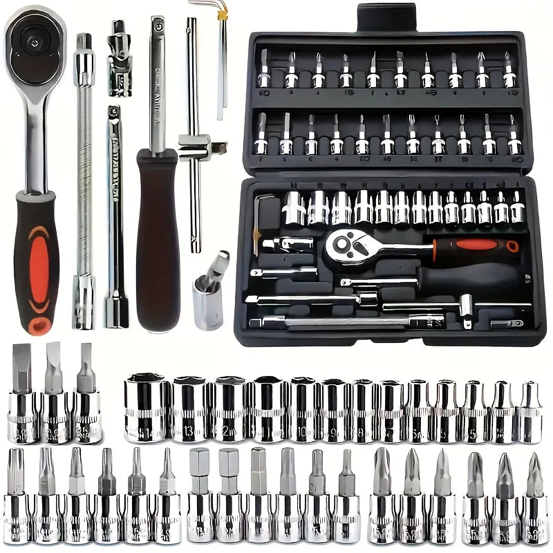 150/46-piece auto mechanical repair tool set with sockets, wrenches, and ratchets for DIY auto repair tasks.