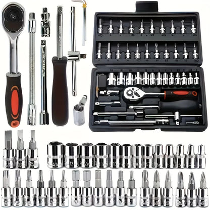 150/46-piece auto mechanical repair tool set with sockets, wrenches, and ratchets for DIY auto repair tasks.