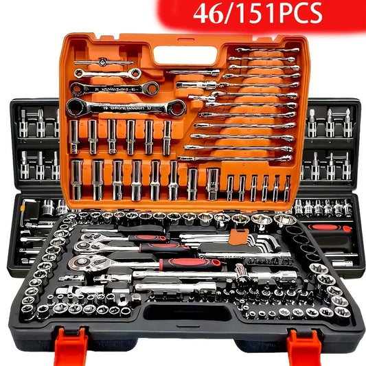 Automotive machinery tool kit with ratchet torque wrench and motorcycle repair tools, 151/46-piece set for vehicle maintenance.