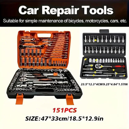 Automotive machinery tool kit with ratchet torque wrench, 151/46-piece set for motorcycle repair and mechanical maintenance.