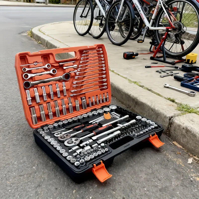 Automotive machinery tool kit with ratchet torque wrench and motorcycle repair tools, 151/46-piece set for comprehensive repairs