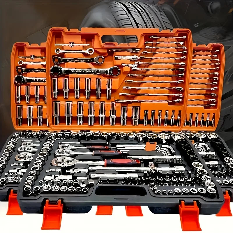 Automotive machinery tool kit with ratchet torque wrench and motorcycle repair tools, 151/46-piece set for vehicle maintenance.