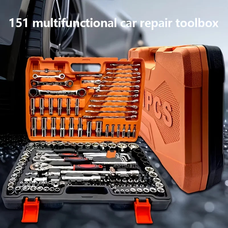 Automotive machinery tool kit with ratchet torque wrench and various tools for motorcycle repair, by BackupMyFilesNow.com.