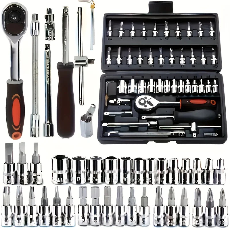 Automotive machinery tool kit with ratchet torque wrench and repair tools, 151/46-piece set for motorcycle maintenance and repair.