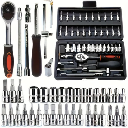 Automotive machinery tool kit with ratchet torque wrench and repair tools, 151/46-piece set for motorcycle maintenance and repair.