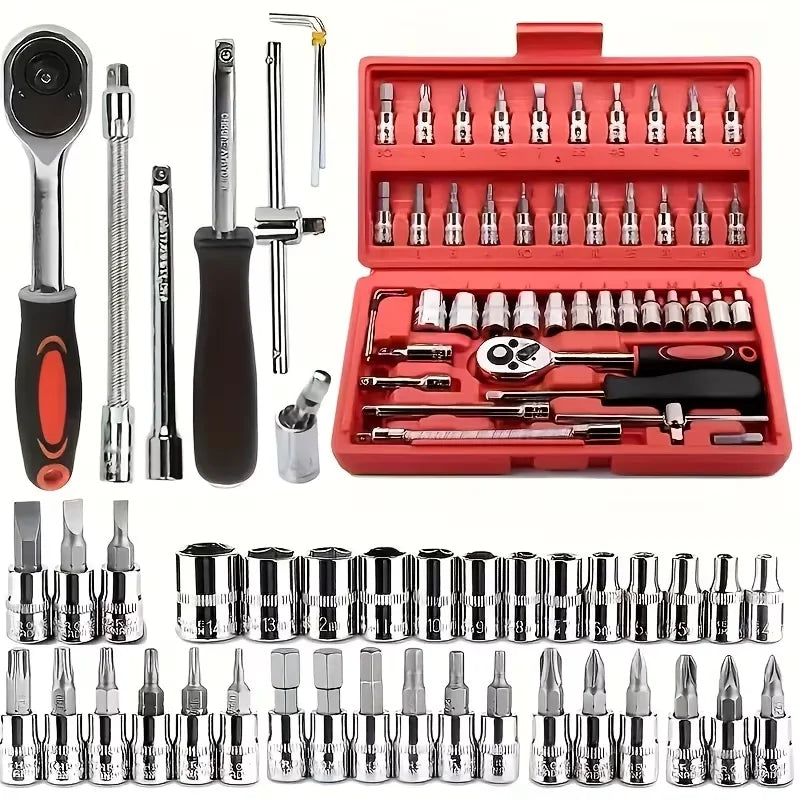 Automotive machinery tool kit with ratchet torque wrench and motorcycle repair tools, 151/46-piece set for maintenance and repairs.