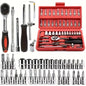 Automotive machinery tool kit with ratchet torque wrench and motorcycle repair tools, 151/46-piece set for maintenance and repairs.