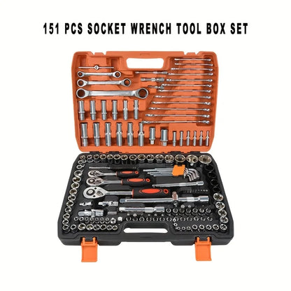 Automotive machinery tool kit with ratchet torque wrench, 151/46-piece set for motorcycle repair, featuring various hand tools.