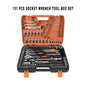 Automotive machinery tool kit with ratchet torque wrench, 151/46-piece set for motorcycle repair, featuring various hand tools.