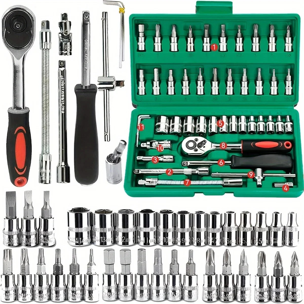 Automotive machinery tool kit with ratchet torque wrench and motorcycle repair tools, 151/46-piece set for versatile vehicle maintenance