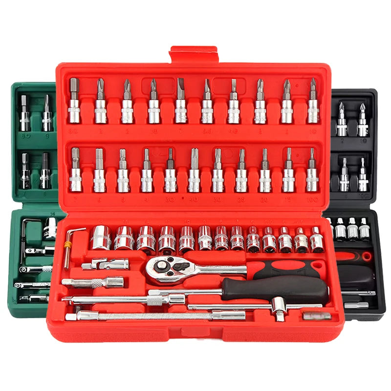 Professional 46-piece home and car repair tool set with CR-V tools, including screwdrivers, wrenches, grinders, drills, and a hard case.