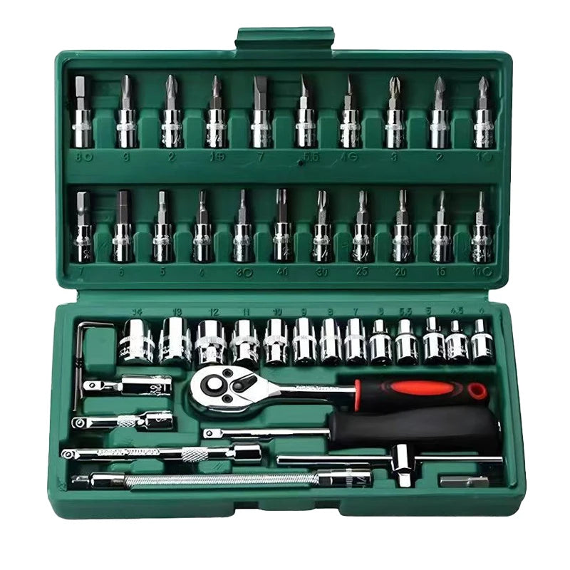 Professional 46-piece home and car repair tool set with CR-V tools, including screwdrivers, wrenches, grinders, drills, in a hard case.