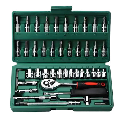 Professional 46-piece home and car repair tool set with CR-V tools, including screwdrivers, wrenches, grinders, drills, in a hard case.
