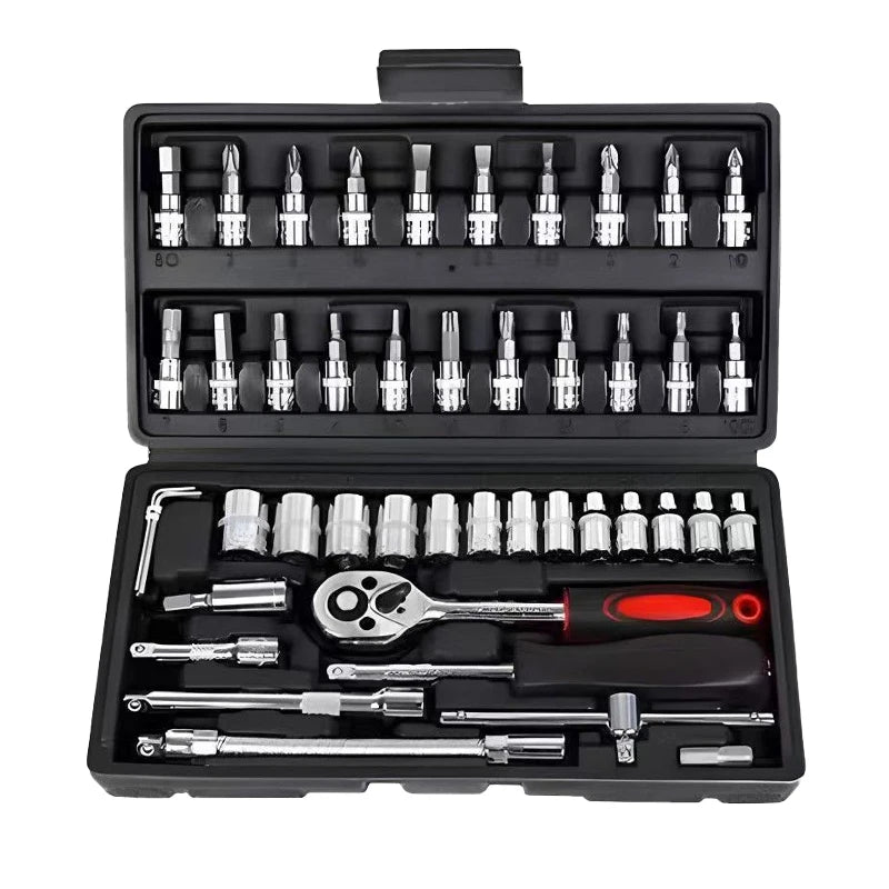 Red 46-piece professional home and car repair tool set with CR-V tools, including drills, screwdrivers, wrenches, and a hard case.