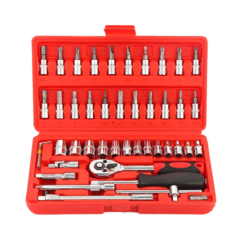 Red 46-piece professional home and car repair tool set with CR-V tools, including screwdrivers, wrenches, drills, grinders, in hard case
