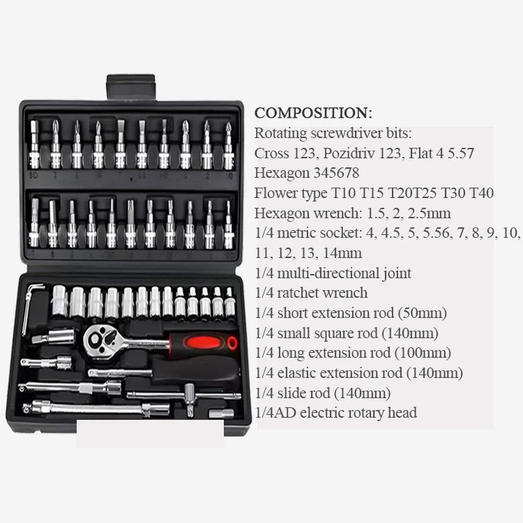 Red 46-piece professional home and car repair tool set with CR-V tools, including screwdrivers, wrenches, drills, grinders, in hard case