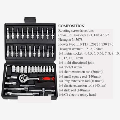 Red 46-piece professional home and car repair tool set with CR-V tools, including screwdrivers, wrenches, drills, grinders, in hard case