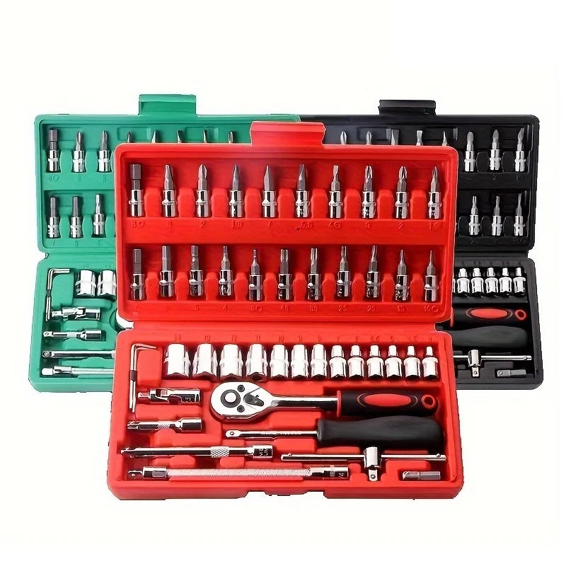 46-piece multi-functional auto repair wrench set from BackupMyFilesNow.com, includes sockets and small hand tools in a compact toolbox.