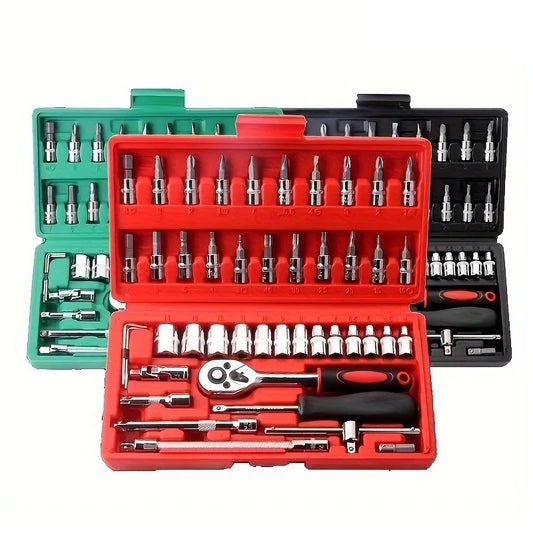 46-piece multi-functional auto repair wrench set from BackupMyFilesNow.com, includes sockets and small hand tools in a compact toolbox.