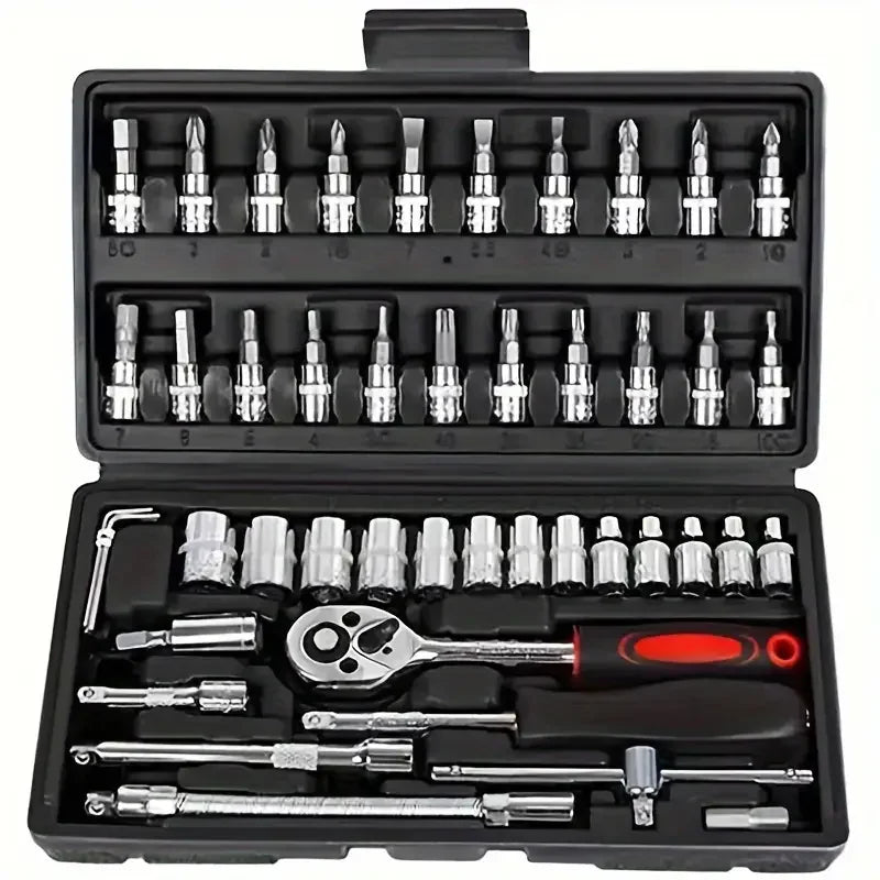 46-piece multi-functional auto repair wrench set from BackupMyFilesNow.com, including sockets and small hand tools in a black toolbox.